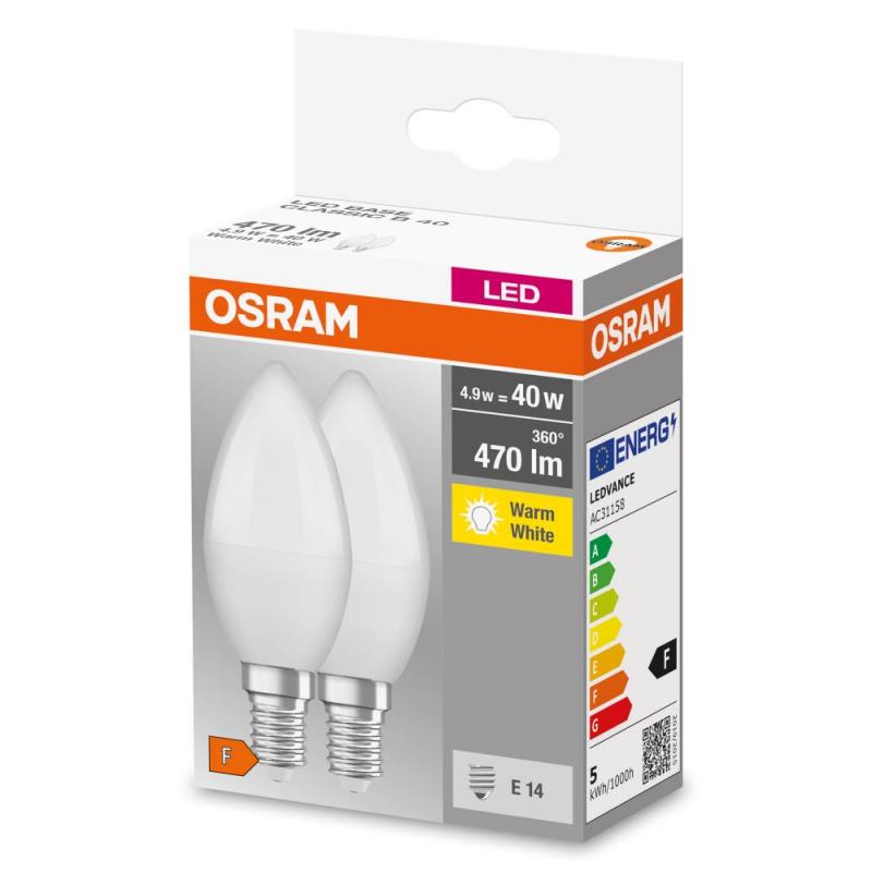 10 x Doppelpack OSRAM E14 LED Base Classic Lampen Kerzenform matt 4,9W wie 40W warmweißes Licht